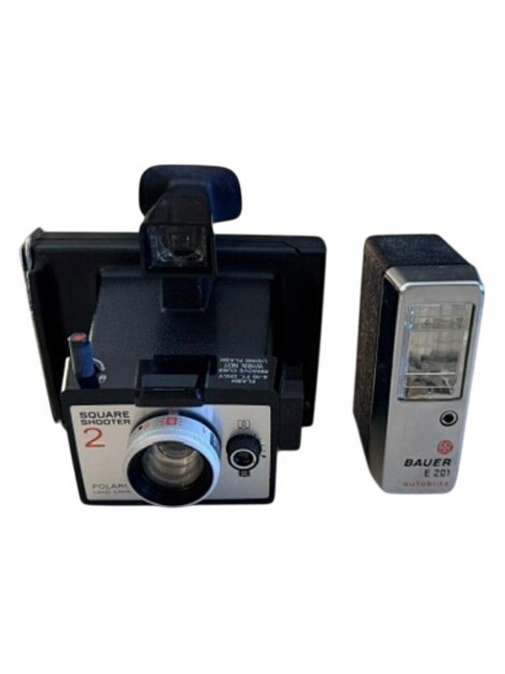Vintage Polaroid Square Shooter 2 instant camera with Bauer E201 Ultrablitz